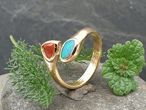 LeoLars-PABE Edler Boulder Opal und Feueropal Design Ring, Gr. 58, aus 750er Gelbgold, Fire and Water, Unikat, Handarbeit