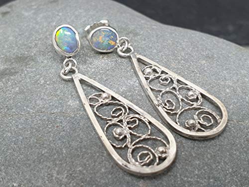 Lightning Ridge Opal Filigree Ohrhänger aus 925er Silber, Stecker, Traditionell und Modern, Unikat, Handarbeit