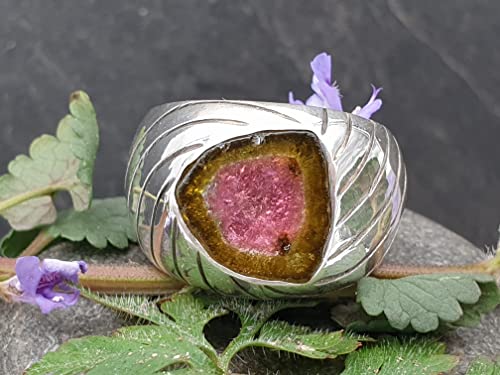 LeoLars-PABE Wassermelonen Turmalin Design Ring, Gr.58 (18.5), aus 925er Silber, Streifen, massiv, teilgeschwärzt, Unikat, Handarbeit