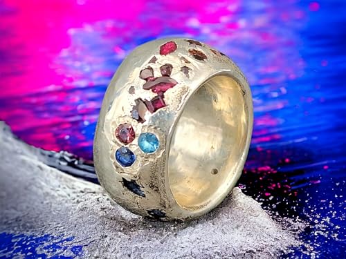 LeoLars-PABE Sandguss Design Ring mit Farbverlauf, Gr. 56 (18,5), aus 925er Silber, sehr massiv, verschienedene eingegossenen Edelsteine, halb poliert, halb Sandguss Oberfläche, Unikat, Handarbeit