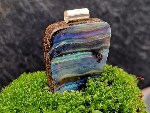 LeoLars-PABE Boulder Opal Anhänger mit 925er Silberrohr, Meeresfarben, mit Regenbogen Opalfeuer Streifen, Unikat, Handgeschliffen
