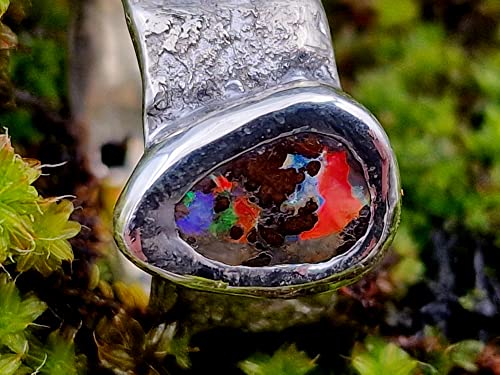 LeoLars-PABE Structure Design Stein Ring mit Boulder Opal aus 925er Silber, Gr.56, Opalflash mehrfarbig, Opal 11x7.3mm, Unikat, Handarbeit