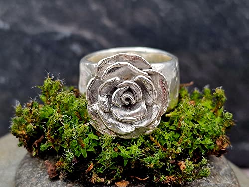 LeoLars-PABE Massiver 925er Silber Ring, Gr.61, mit Rosenblüte, handmodelliert, organische Oberfläche, Unikat, Handarbeit