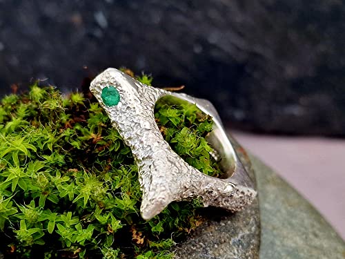 LeoLars-PABE Smaragd Design Ring, Gr.54, aus 925er Silber mit außergewöhnlicher Structure Design Oberfläche, Kolumbianischer Smaragd d-4mm, Unikat Handarbeit