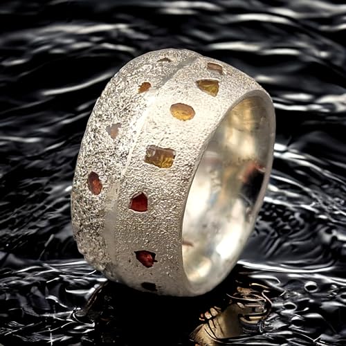 LeoLars-PABE Massver Sandguss Design Ring, Gr.56 (17,8), mit verschieden farbigen eingegossenen Saphiren aus 925er Silber, Sandguss Oberfläche, Nr.61, Unikat, Handarbeit