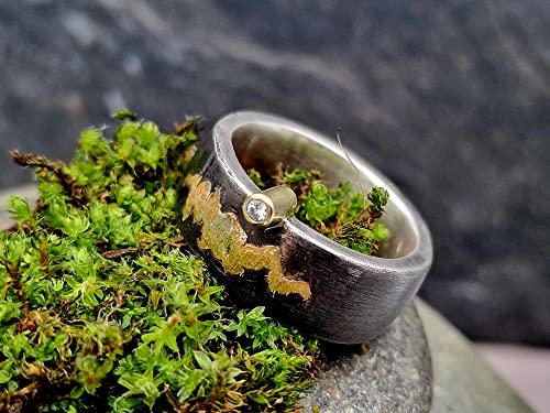 LeoLars-PABE Diamant Design Ring, Gr.62, aus 925er Silber mit Goldfassung und Goldakzenten, geschwärzt, starker Kontrast, massiv, Unikat, Handarbeit