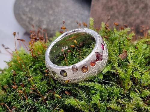 LeoLars-PABE Regenbogen farbener Sandguss design Ring, Gr.53-54 (17), aus 925er Silber mit eingegossenen echten bunten Edelsteinen, Unikat, Handarbeit