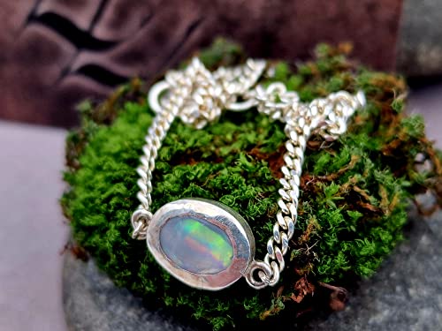 LeoLars-PABE Lightning Ridge Opal Armband aus 925er Silber, Opal Mehrfarbig 7.8x6mm 19cm lang mit Panzerkette, Unikat, Handarbeit