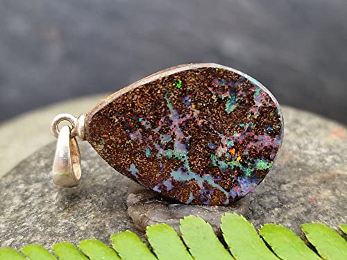 LeoLars-PABE Anhänger mit Boulder Opal und 925er Silber Stiftöse, Mehrfarbig, Opal 21.1 x 15.3 x 4.3mm, Unikat, Handarbeit