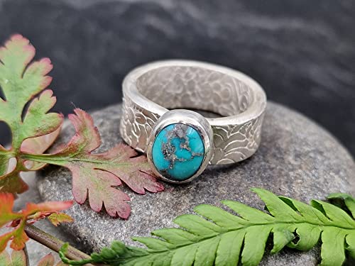 LeoLars-PABE Echter Türkis Design Ring, Gr.56 (18), aus 925er Silber, floral geprägte Ringschiene, massiv, Unikat, Handarbeit