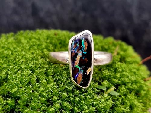 LeoLars-PABE Boulder Opal Ring, Gr.57-58, aus 925er Silber, Opal mit tollem Muster und grün-lila Opalfeuer, Opal 17,5x7mm, Unikat, Handarbeit