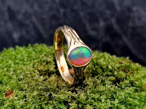 LeoLars-PABE Lightning Ridge Chrystal GEM Opal Design Ring, Gr. 58, aus 585er Gelbgold, Multicolor High End Opal, holzgemaserte Oberflächen Struktur, Unikat, Handarbeit