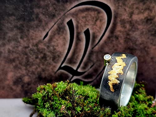 LeoLars-PABE Diamant Design Ring, Gr.62, aus 925er Silber mit Goldfassung und Goldakzenten, geschwärzt, starker Kontrast, massiv, Unikat, Handarbeit