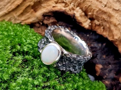 LeoLars-PABE Weißer Opal Design Ring, Gr.58-59, im Lava Style aus 925er Silber, natürlich, massiv, teilgeschwärzt, Unikat, Handarbeit