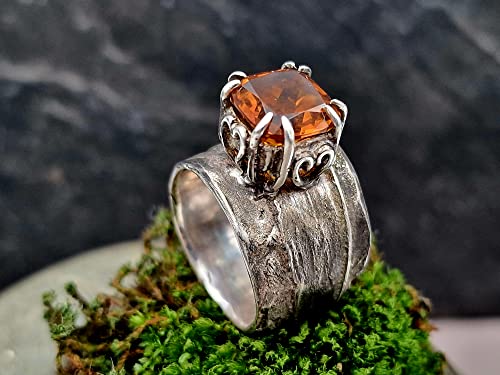 LeoLars-PABE Madeira Citrin Design Ring, Gr. 54-55, aus 925er Silber mit Bambus Struktur, teilgeschwärzt, massiv, Unikat, Handarbeit