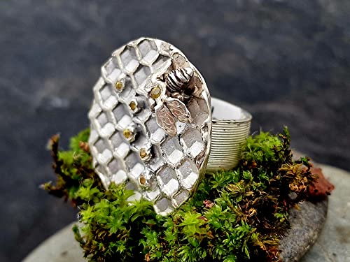 LeoLars-PABE Bienen Design Ring mit Wabe und Citrinen, Gr.58-59, aus 925er Silber, Gelb, Honig, Biene, mit Pampasgrasstruktur, Unikat, Handarbeit