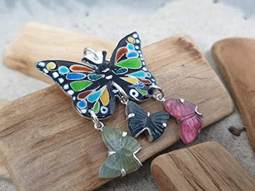 LeoLars-PABE Emaille Schmetterling mit 3 Turmalin Schmetterlingen aus 925er Silber als Anhänger, Unikat, Handarbeit