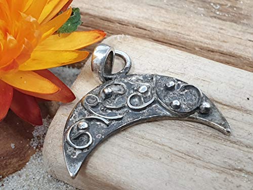 LeoLars-PABE Halbmond Anhänger aus 925er Silber, mystisches Design, Unikat, Handarbeit