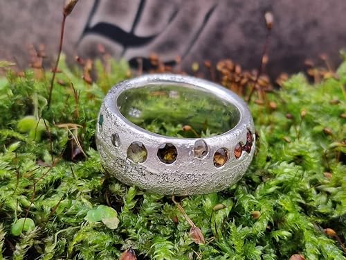 LeoLars-PABE Regenbogen farbener Sandguss design Ring, Gr.53-54 (17), aus 925er Silber mit eingegossenen echten bunten Edelsteinen, Unikat, Handarbeit