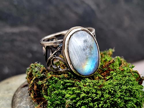 LeoLars-PABE Weißer Labradorit Filigree Ring, Gr.57-58, aus 925er Silber, Regenbogen Mondstein, teilgeschwärzt, magisch, mystisch, Unikat, Handarbeit