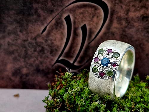 LeoLars-PABE Edelstein Blüten Design Ring, Gr.59, aus 925er Silber, mit Blautopas, Peridot und Rubinen, massiv, eismattiert, Unikat, Handarbeit