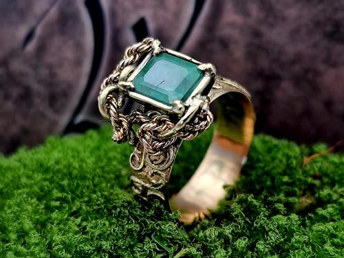 LeoLars-PABE Magisch mystischer Smaragd Design Ring aus 585er Gelbgold, verspielte Kettenverzierung, zauberhafte Schnörkel, Gr. 61/62, Unikat, Handarbeit