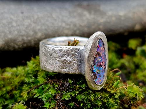 LeoLars-PABE Boulder Opal Structure Design Ring, Gr.52, aus 925er Silber mit Stein Struktur, Opal mehrfarbig 14.5x6.5mm, Unikat, Handarbeit