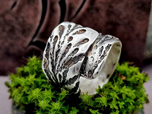 LeoLars-PABE 925er Silber Design Ring, Gr.60, Stil der Oberfläche Konifere, teilgeschwärzt, überlappende Ringschiene, Unikat, Handarbeit