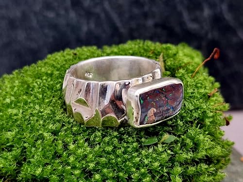 LeoLars-PABE Boulder Opal herren Design Ring, Gr.65-66, aus 925er Silber, Opal mit Muster und bunten Opaladern, grob geschliffen, massiv, Unikat, Handarbeit