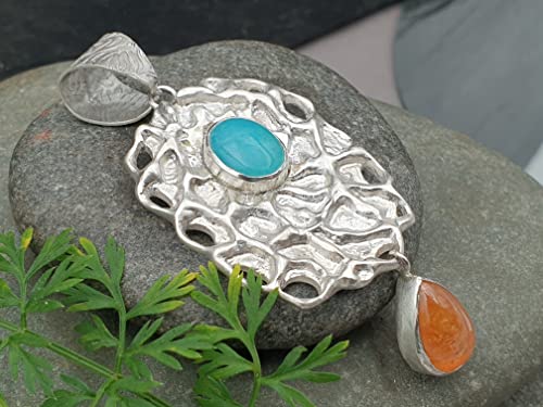 LeoLars-PABE Design Anhänger aus 925er Silber mit Amazonit und Mandarin Granat, handgefertigte Schlaufe, Unikat, Handarbeit