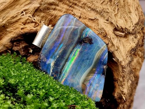 LeoLars-PABE Boulder Opal Anhänger mit 925er Silberrohr, Meeresfarben, mit Regenbogen Opalfeuer Streifen, Unikat, Handgeschliffen