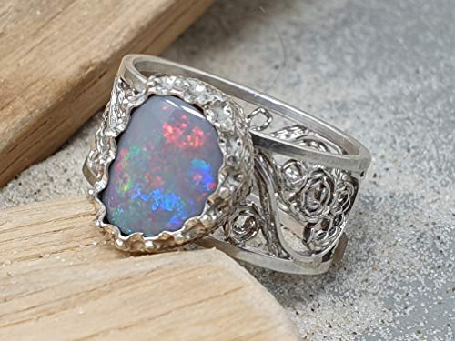 LeoLars-PABE Lightning Ridge Opal Filigree Ring aus 925er Silber, Gr.56, Filigran, Verspielt, Unikat, Handarbeit