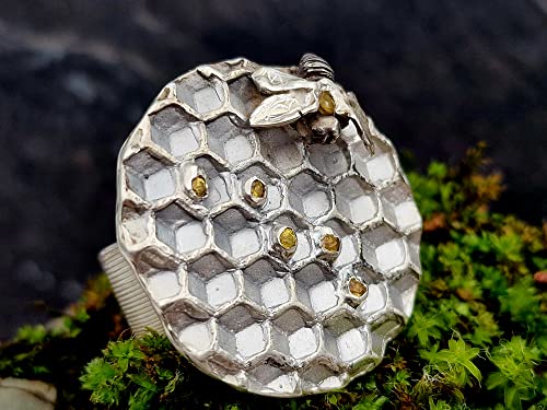 LeoLars-PABE Bienen Design Ring mit Wabe und Citrinen, Gr.58-59, aus 925er Silber, Gelb, Honig, Biene, mit Pampasgrasstruktur, Unikat, Handarbeit