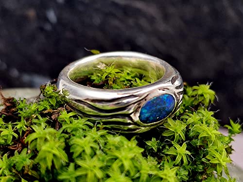 LeoLars-PABE Schwarzer Opal Wellen Design Ring, Gr.58, aus 925er Silber, Opal grün-blaues Opalfeuer, teilgeschwärzt, massiv, Unikat, Handarbeit