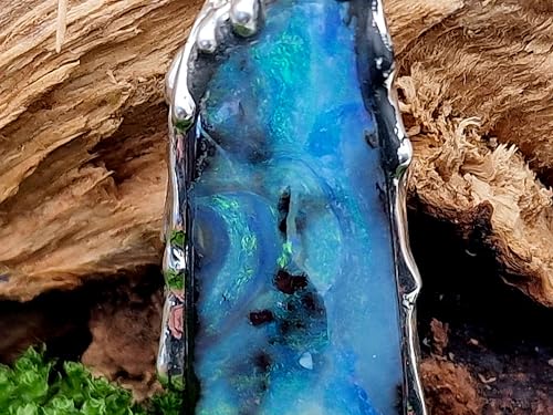 LeoLars-PABE Tropfen Design Anhänger mit Boulder Opal aus 925er Silber, herrliches Muster und Opalfeuer in grün-blau, flüssiges Silber, Opal 36,9x13,7mm, Unikat, Handarbeit