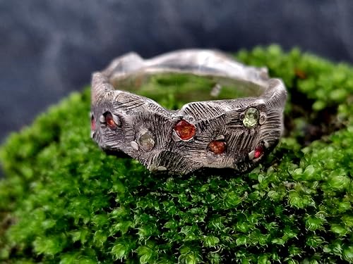 LeoLars-PABE Felsenlook Design Ring, Gr.65, aus 925er Silber mit Rubin und verschieden farbigen Saphiren, teilgeschwärzt, massiv, Unikat, Handarbeit