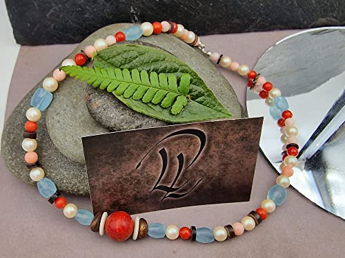 LeoLars-PABE 42cm Perlen und Aquamarin Kette, Mittelmeer Koralle, Süßwasserperlen, Rhodochrosit, Aquamarin, Muscheln, Unikat, Handarbeit