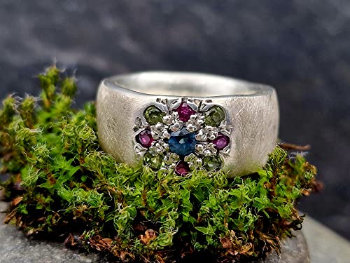 LeoLars-PABE Edelstein Blüten Design Ring, Gr.59, aus 925er Silber, mit Blautopas, Peridot und Rubinen, massiv, eismattiert, Unikat, Handarbeit