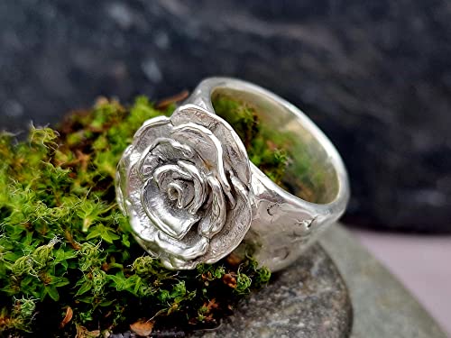 LeoLars-PABE Massiver 925er Silber Ring, Gr.61, mit Rosenblüte, handmodelliert, organische Oberfläche, Unikat, Handarbeit