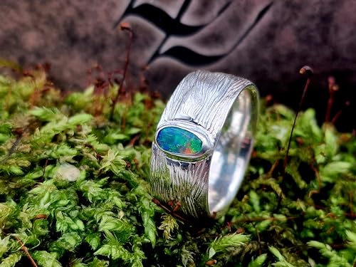 LeoLars-PABE Lightning Ridge Opal Design Ring, Gr.56 (17,8), aus 925er Silber mit Blatt Struktur, Opal Multicolor Opalfeuer 6,7 x 3,6mm, Unikat, Handarbeit