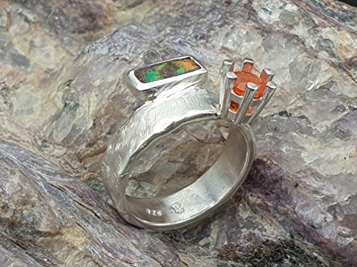 LeoLars-PABE Boulder und Feueropal Design Ring aus 925er Silber, Gr.57, geschmiedetes Design, Unikat, Handarbeit