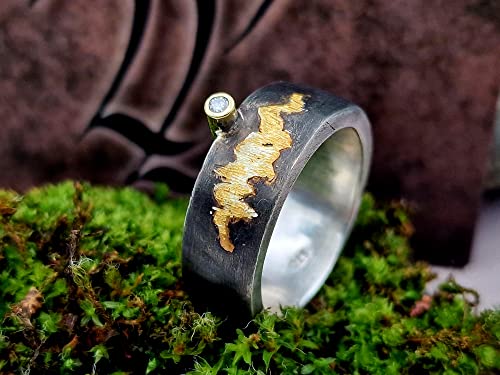 LeoLars-PABE Diamant Design Ring, Gr.62, aus 925er Silber mit Goldfassung und Goldakzenten, geschwärzt, starker Kontrast, massiv, Unikat, Handarbeit