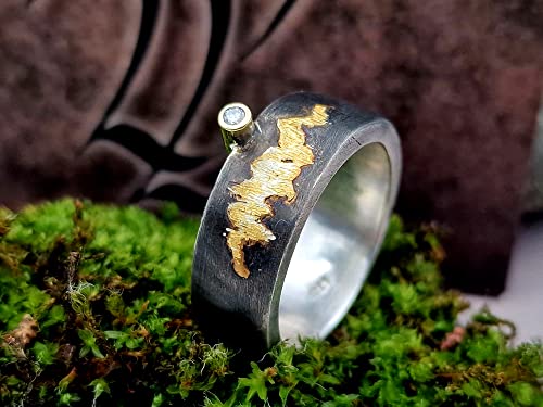 LeoLars-PABE Diamant Design Ring, Gr.62, aus 925er Silber mit Goldfassung und Goldakzenten, geschwärzt, starker Kontrast, massiv, Unikat, Handarbeit