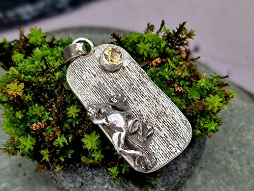 LeoLars-PABE Wetterfrosch Anhänger aus 925er Silber mit Citrin als Sonne, echte Pampasgrasstruktur, teilgeschwärzt, Unikat, Handarbeit