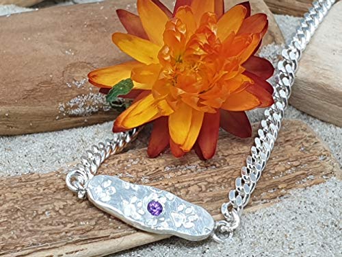 925er Silber Armband mit Pfötchen und Amethyst, 23,5cm Panzerkette, Unikat, Handarbeit