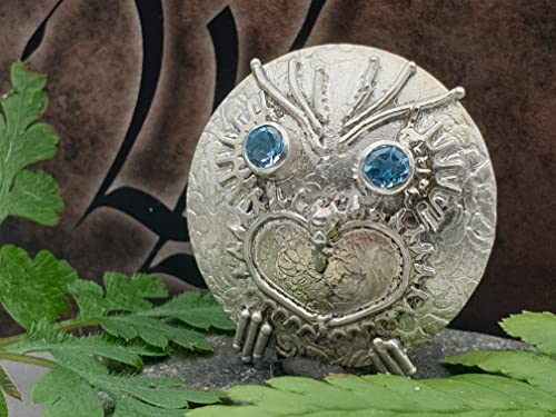 LeoLars-PABE Anhänger Eule Rudi aus 925er Silber mit zwei Blautopasen, Unikat, Handarbeit