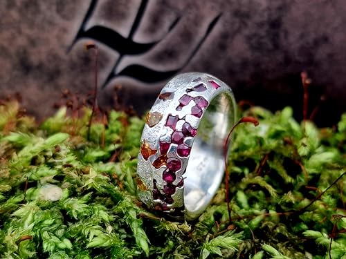 LeoLars-PABE Sandguss Design Ring, Gr. 53 (16,8), mit eingegossenen orangen und gelben Saphiren und Rubinen aus 925er Silber, Nr.63, Unikat, Handarbeit