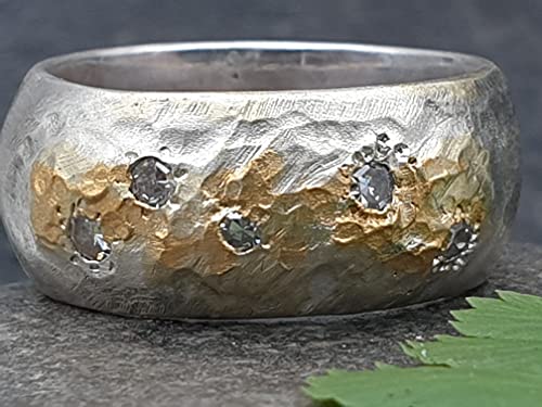 LeoLars-PABE Design Ring aus 925er Silber mit Feingoldeinlage und 5 Diamanten, Gr.55, Structure Design, Unikat, Handarbeit