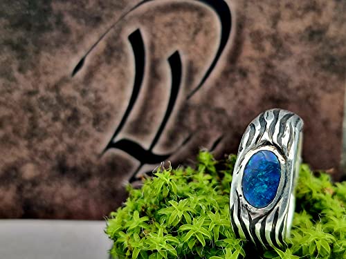 LeoLars-PABE Schwarzer Opal Wellen Design Ring, Gr.58, aus 925er Silber, Opal grün-blaues Opalfeuer, teilgeschwärzt, massiv, Unikat, Handarbeit
