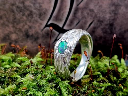 LeoLars-PABE 925er Silber Design Ring mit schwarzen Opal, Gr. 60 (19), mit grün - blauen Opalfeuer, organisch - natürliches Design, Unikat, Handarbeit